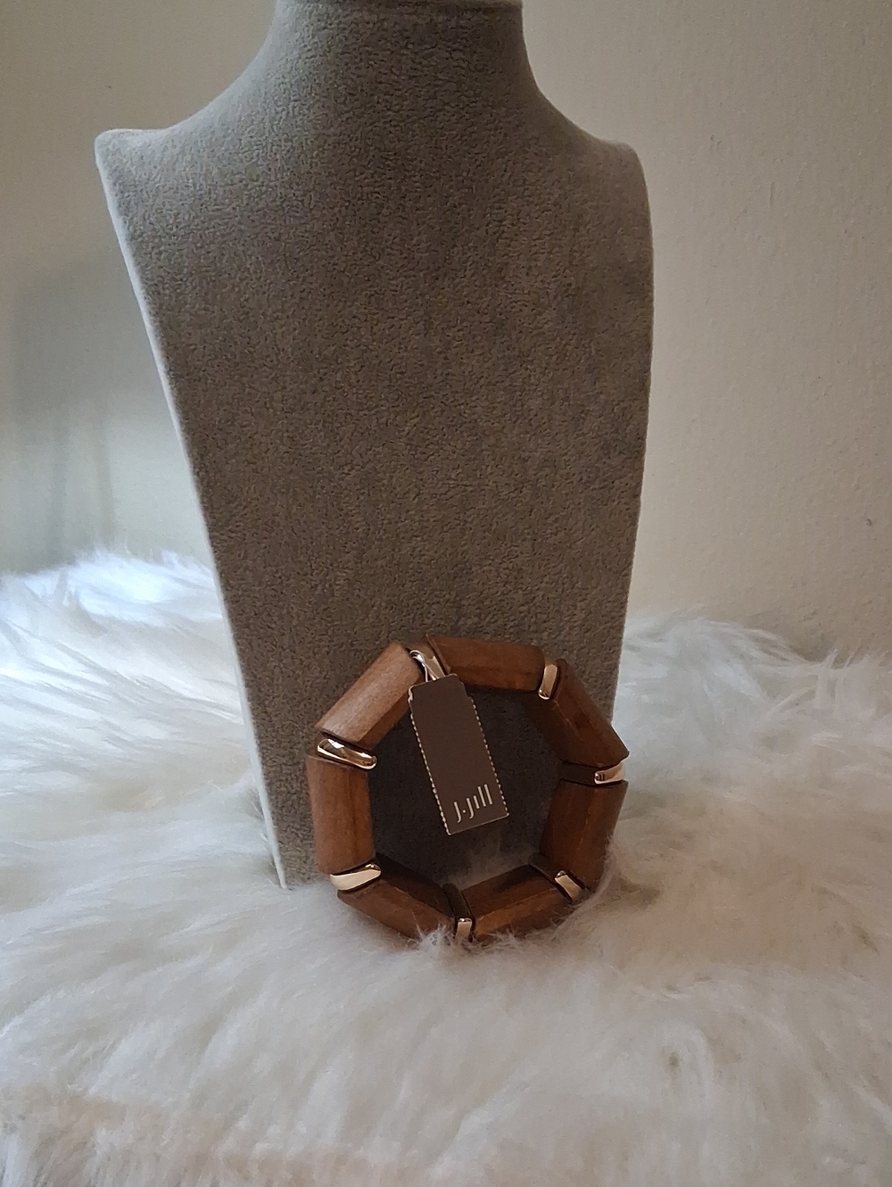 NWT J. Jill Brown Wooden Link Bracelet with Gold Accents